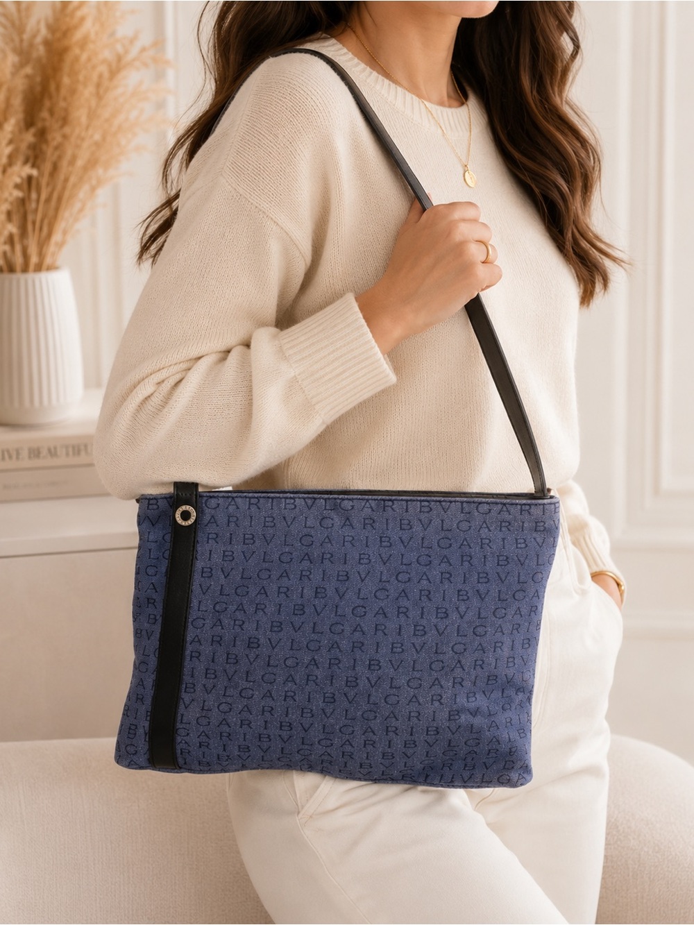 Authentic Bvlgari Blue Black Tote Bag crossbody COA excellent A dust bag tags